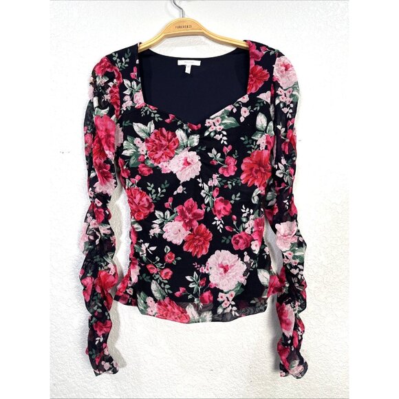 Maurices Top Womens S Black Sheer Floral Ruched Sweetheart Y2K Babydoll Romantic - Picture 1 of 8